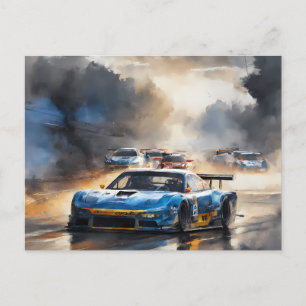 Blauwe race auto met de zon opkomt briefkaart