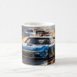 Blauwe race auto met de zon opkomt koffiemok