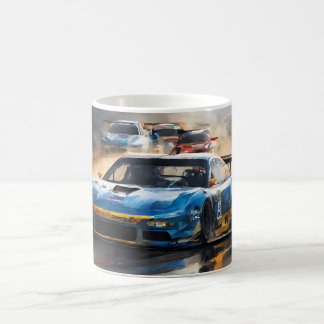 Blauwe race auto met de zon opkomt koffiemok