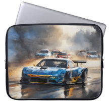 Blauwe race auto met de zon opkomt