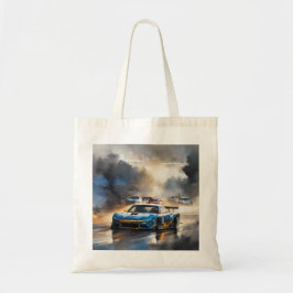 Blauwe race auto met de zon opkomt tote bag