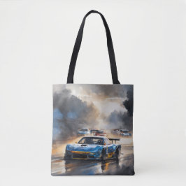 Blauwe race auto met de zon opkomt tote bag