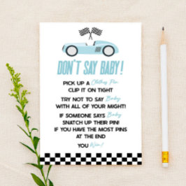 Blauwe Race auto niet zeggen Baby shower spel