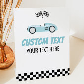Blauwe Race Auto Racecar Custom Text Party Reclamebord Met Voetstuk