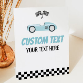 Blauwe Race Auto Racecar Custom Text Party Reclamebord Met Voetstuk