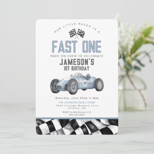 Blauwe Race Auto Snel Een 1e Verjaardagsfeest Uitn (Staand voorkant)