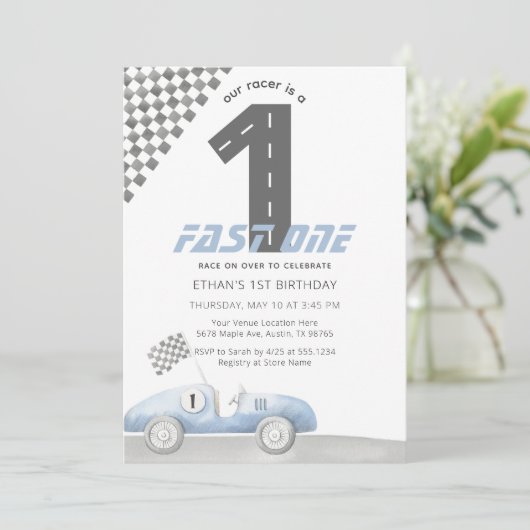Blauwe Race Auto Snel Een Jongen Verjaardag Kaart (Staand voorkant)