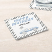 Blauwe Race Auto Snel Een Jongen Verjaardag Kartonnen Onderzetters (Schuin)