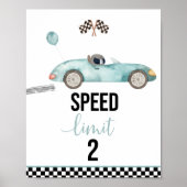 Blauwe race auto snelheidslimiet 2 verjaardagsbord poster (Voorkant)