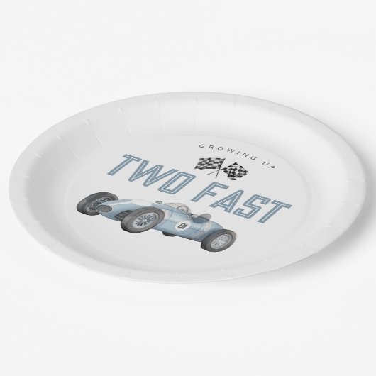 Blauwe Race Auto Twee Snelle 2e verjaardagsfeest Papieren Bordje (Gekanteld)