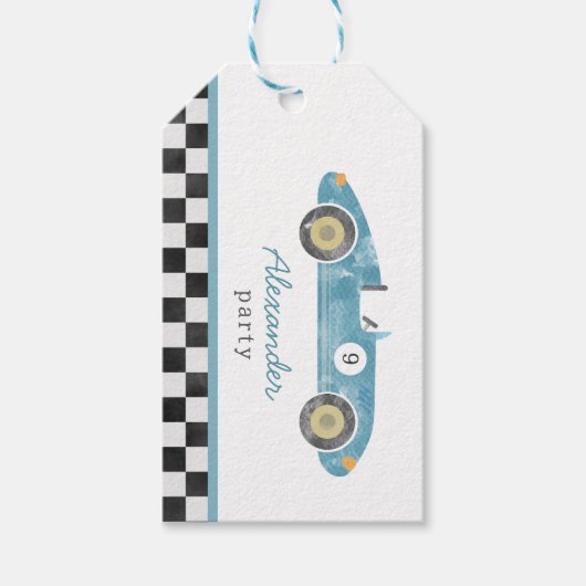 Blauwe race auto verjaardag cadeaulabel (Voorkant)