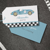 Blauwe race auto verjaardag cadeaulabel