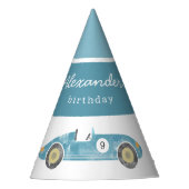 Blauwe race auto verjaardag feesthoedjes (Voorkant)