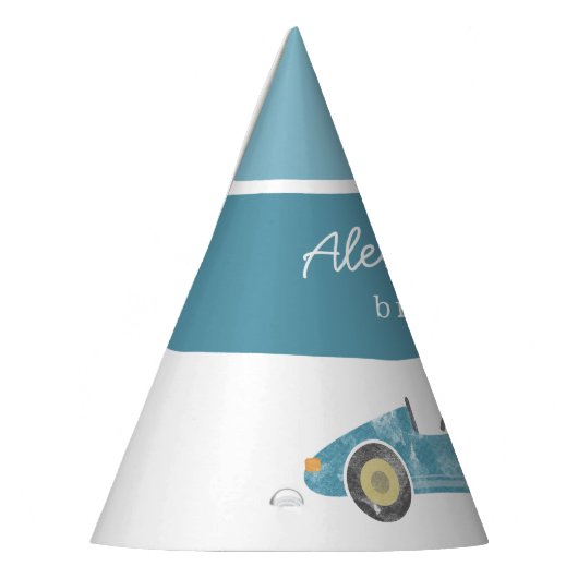 Blauwe race auto verjaardag feesthoedjes (Links)