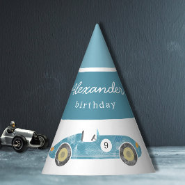 Blauwe race auto verjaardag feesthoedjes