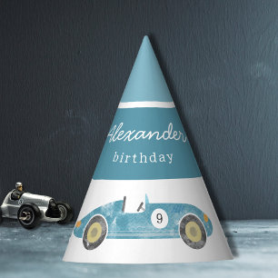 Blauwe race auto verjaardag feesthoedjes