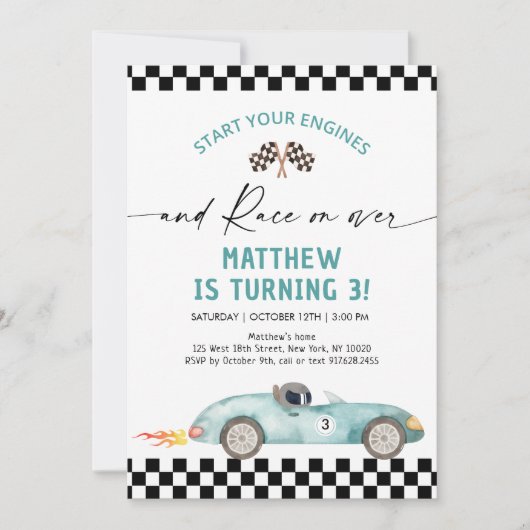 Blauwe Race Auto Verjaardag Kaart (Voorkant)