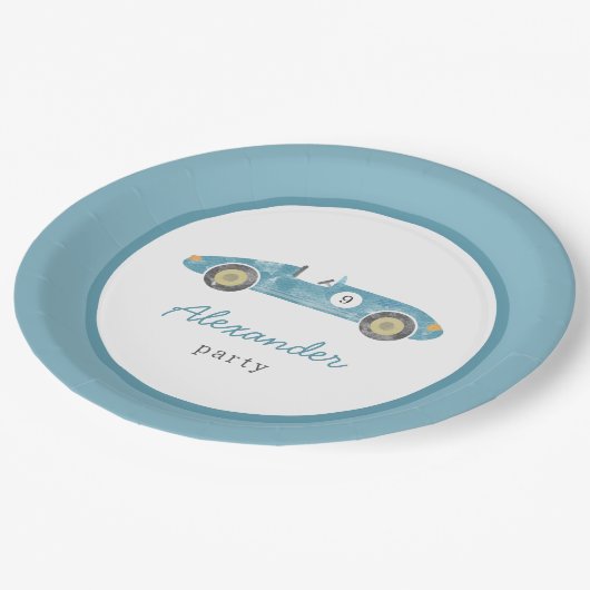 Blauwe race auto verjaardag papieren bordje (Gekanteld)