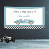 Blauwe race auto verjaardag spandoek