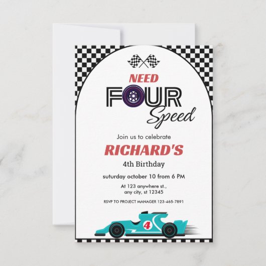 Blauwe Race Auto Verjaardag | Vereist vier snelhed Kaart (Voorkant)