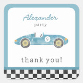 Blauwe race auto verjaardag vierkante sticker (Voorkant)