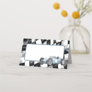 Blauwe Race Auto Verjaardagsfeestplaatskaart Plaatskaartje