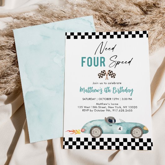 Blauwe Race Auto Vierde Verjaardag Kaart