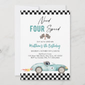 Blauwe Race Auto Vierde Verjaardag Kaart (Voorkant)