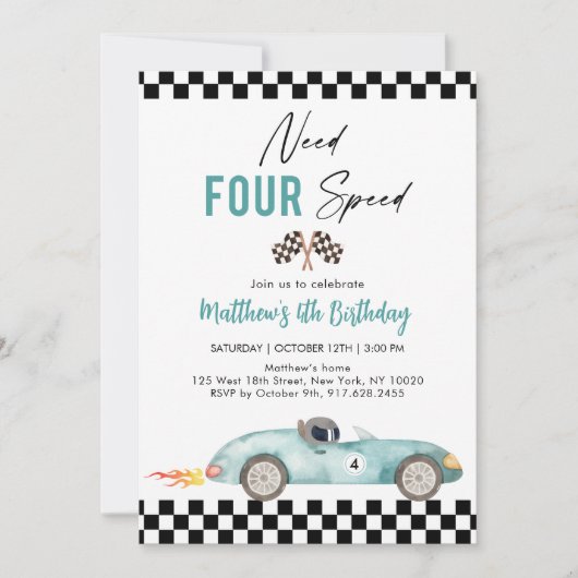 Blauwe Race Auto Vierde Verjaardag Kaart (Voorkant)