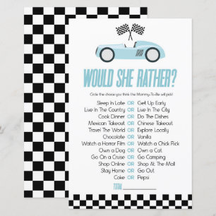 Blauwe race auto wil ze liever Baby shower spel