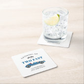 Blauwe raceauto 2e verjaardagsfeestje kartonnen onderzetters (Insitu)