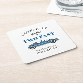 Blauwe raceauto 2e verjaardagsfeestje kartonnen onderzetters