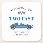 Blauwe raceauto 2e verjaardagsfeestje kartonnen onderzetters (Voorkant)