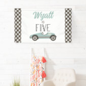 Blauwe raceauto 5e verjaardagsbanner spandoek (Insitu)