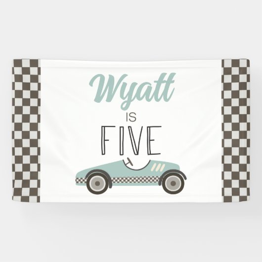 Blauwe raceauto 5e verjaardagsbanner spandoek (Horizontaal)