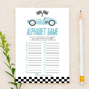 Blauwe Raceauto Alfabet Baby Shower Spel