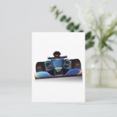Blauwe raceauto briefkaart (Staand voorkant)