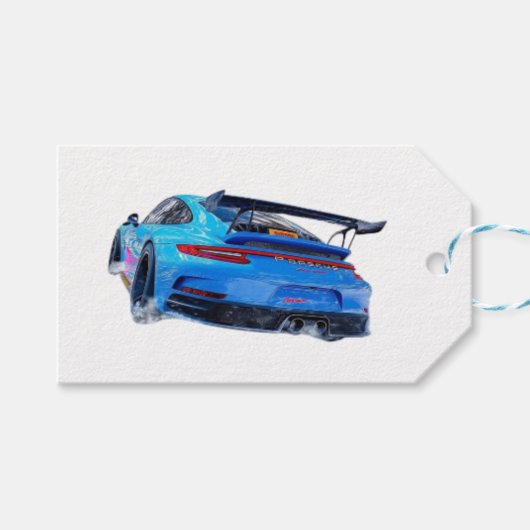 Blauwe raceauto cadeaulabel (Voorkant (Horizontaal))