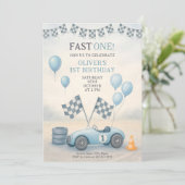 Blauwe Raceauto Eerste Verjaardag Kaart (Staand voorkant)