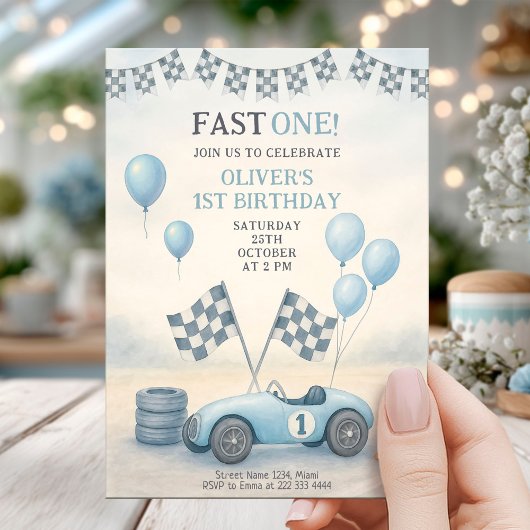 Blauwe Raceauto Eerste Verjaardag Kaart