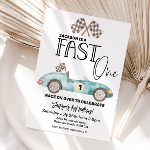 Blauwe raceauto FAST ONE 1e verjaardag Kaart