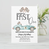 Blauwe raceauto FAST ONE 1e verjaardag Kaart (Staand voorkant)