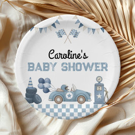 Blauwe Raceauto Jongens Baby Shower Papieren Bordje