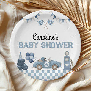 Blauwe Raceauto Jongens Baby Shower Papieren Bordje