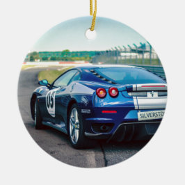 Blauwe Raceauto Keramisch Ornament