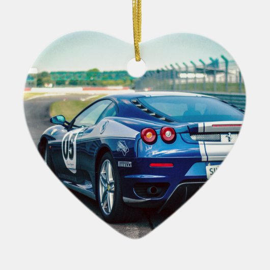Blauwe Raceauto Keramisch Ornament (Voorkant)
