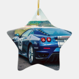 Blauwe Raceauto Keramisch Ornament