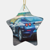 Blauwe Raceauto Keramisch Ornament (Links)