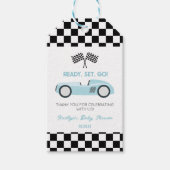 Blauwe Raceauto Klaar Af Baby Shower Cadeaulabel (Voorkant)