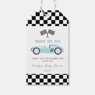 Blauwe Raceauto Klaar Af Baby Shower Cadeaulabel